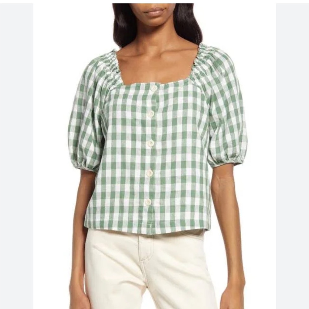 Madewell Women’s Top Green Gingham Puff Sleeve Size M